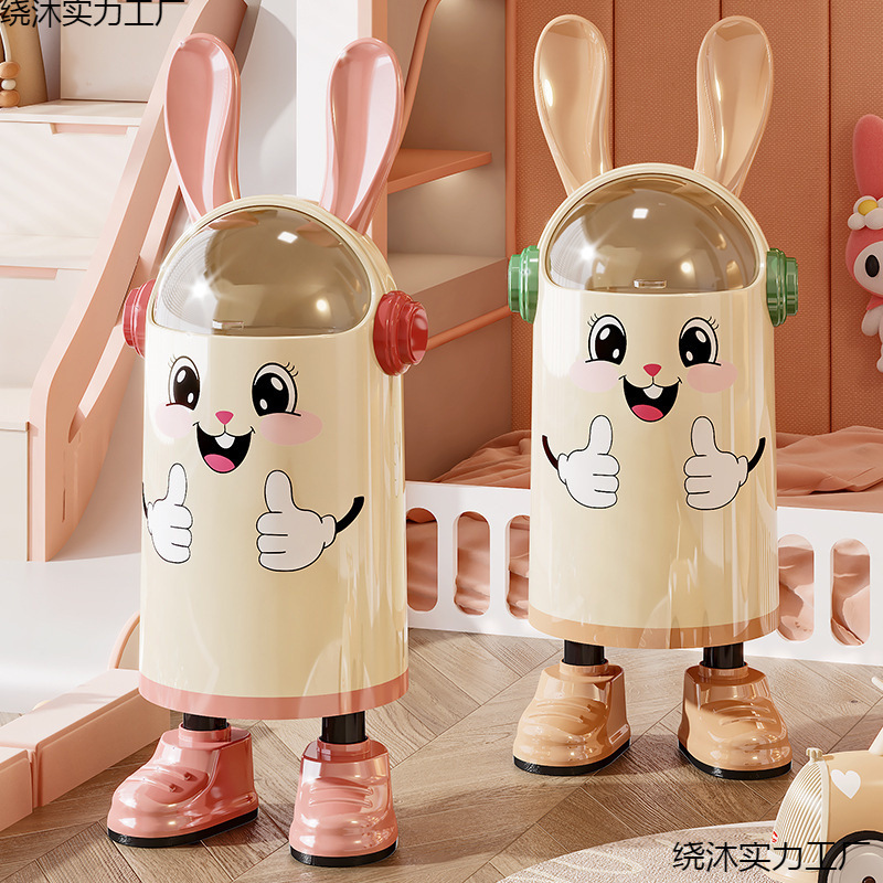 Creative Cartoon Trash Can with Flip Lid, High Aesthetic Rabbit Ears, Lid, Wheels, for Kitchen and Living Room, Trendy Large Double Bin