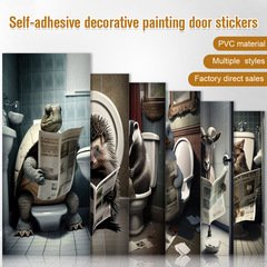 跨境貨源動物馬桶人看報搞怪創意浴室門自粘裝飾高清噴繪貼畫門貼