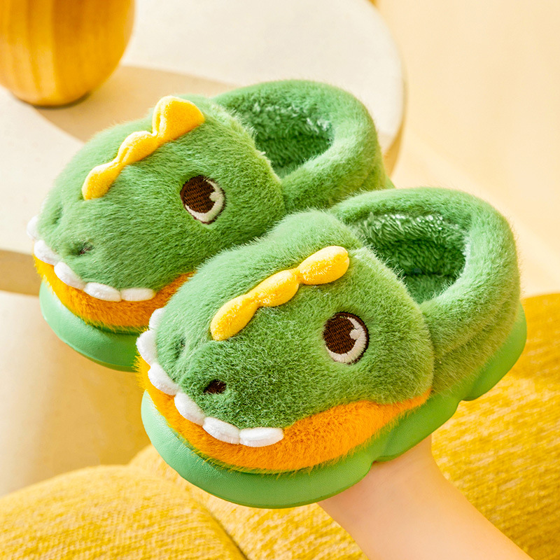 [Otoño e invierno nuevo] Zapatillas de lana para niños de invierno dibujos animados lindo dinosaurio bolsa talón Zapatillas de algodón para niños calientes