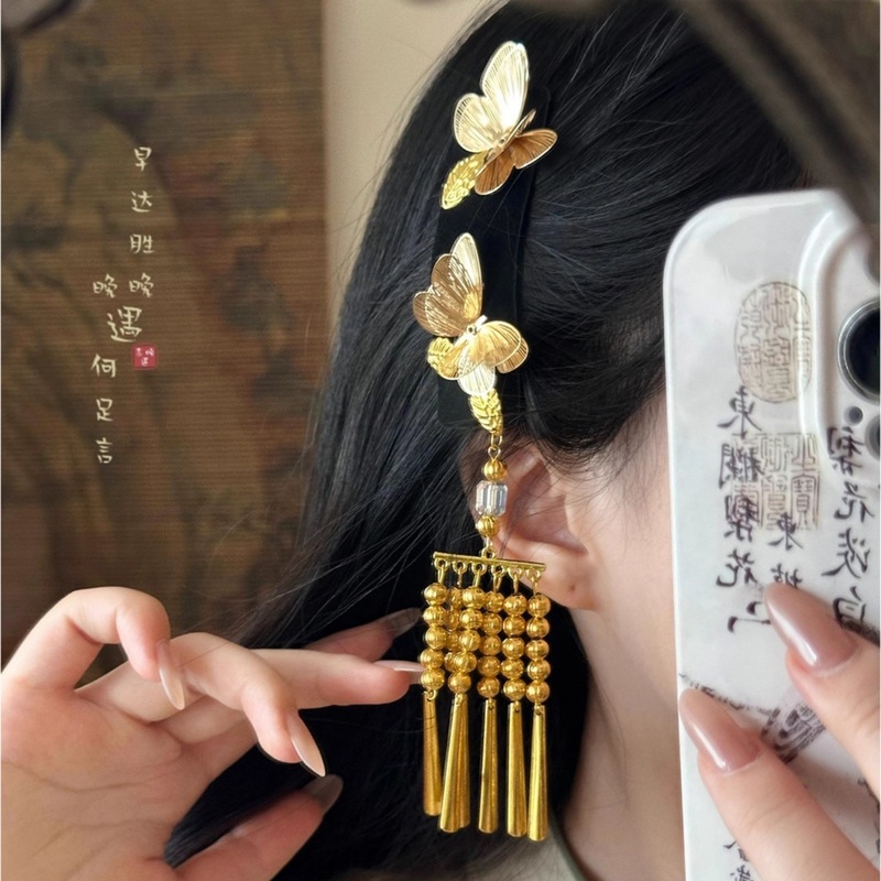 金色蝴蝶流苏发夹女新中式复古高级感夹子古风国风刘海侧边夹发饰|undefined