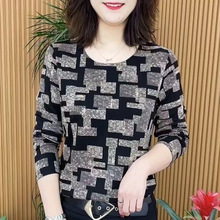 欧洲站新款长袖T恤女士洋气时尚妈妈装遮肚显瘦百搭格子打底小衫