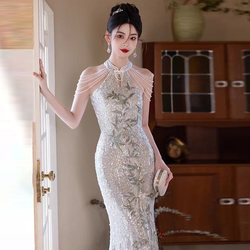 Sequined Evening Gown Women's Light Luxury Mermaid Dress Waist Cinching New Style Host Performance Costume_ecoleips.com