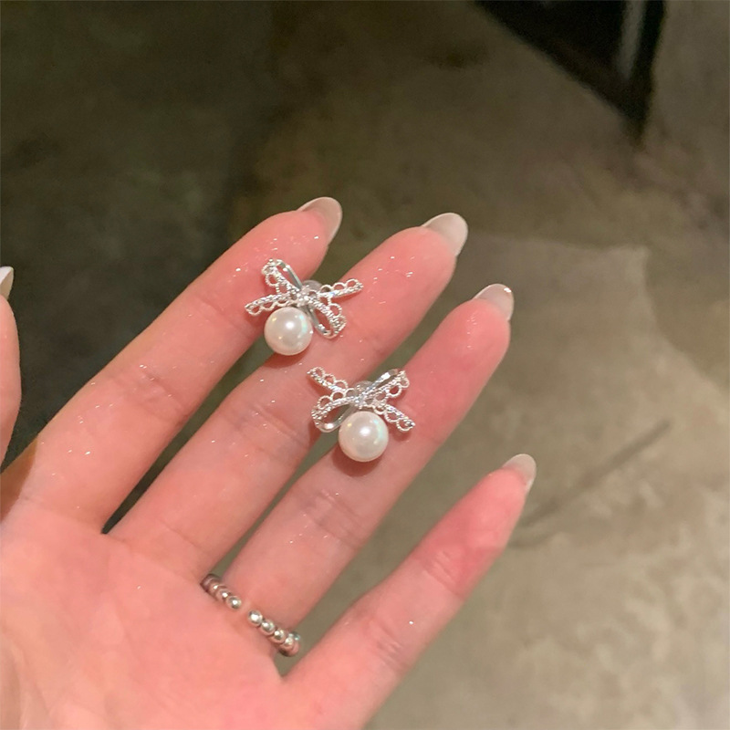 韩系芭蕾风蕾丝蝴蝶结珍珠耳钉女轻奢小众高级感气质耳环绝美耳饰|undefined