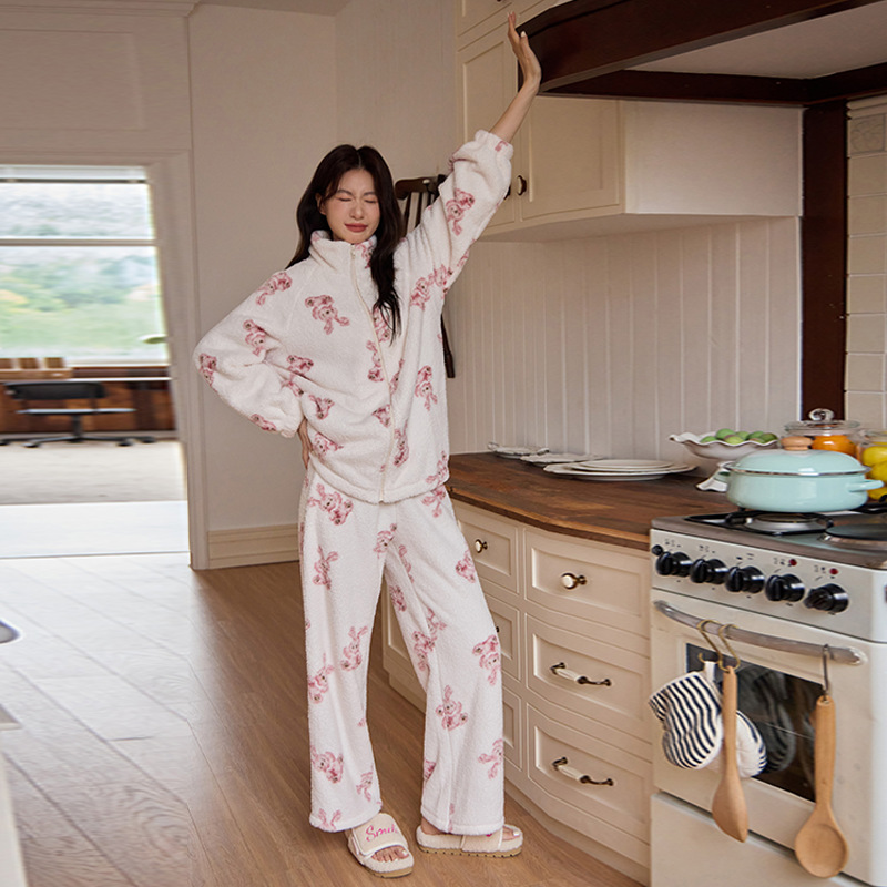 Autumn and Winter Pajamas Women Sweet Cute Rabbit Zipper Cardigan Simple Casual Flannel Thickened Warm suit