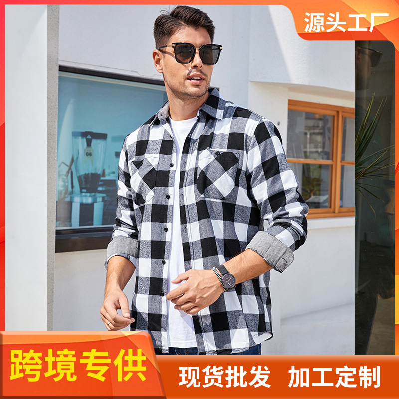 Autumn and Winter Men's Flannel Plaid Shirts Men's European and American Foreign Trade Men's Shirts Washed Cross-Border Amazon Spot