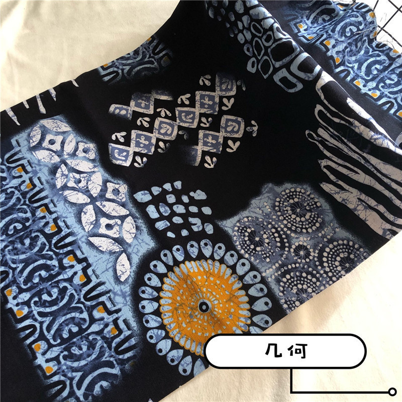 中棉麻蓝色印花布料青花瓷白底仿蜡染桌布服装装饰布料|undefined