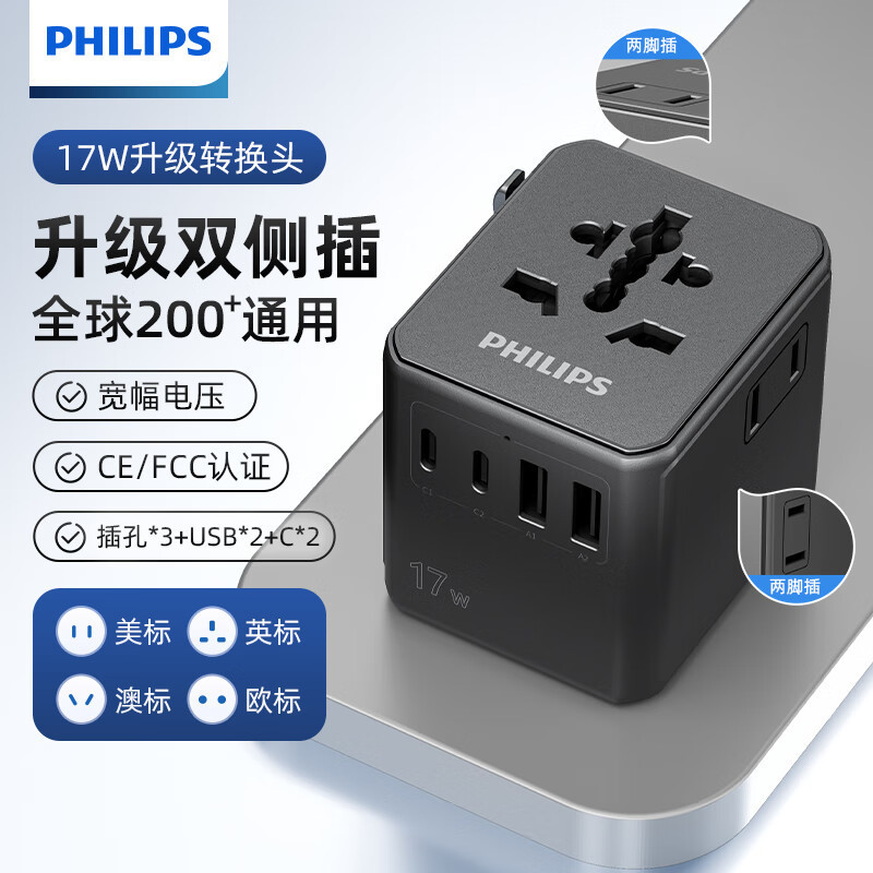 Philips 17W Travel Adapter Converter Socket for International Travel with USB Dual-Sided Plug 2A2C