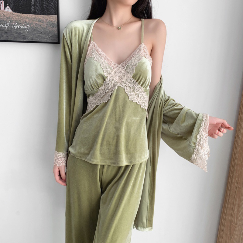 가을과 겨울 잠옷 여성의 섹시한 레이스 황금 벨벳 따뜻한 집 옷 침낭 느슨한 기숙사 복장