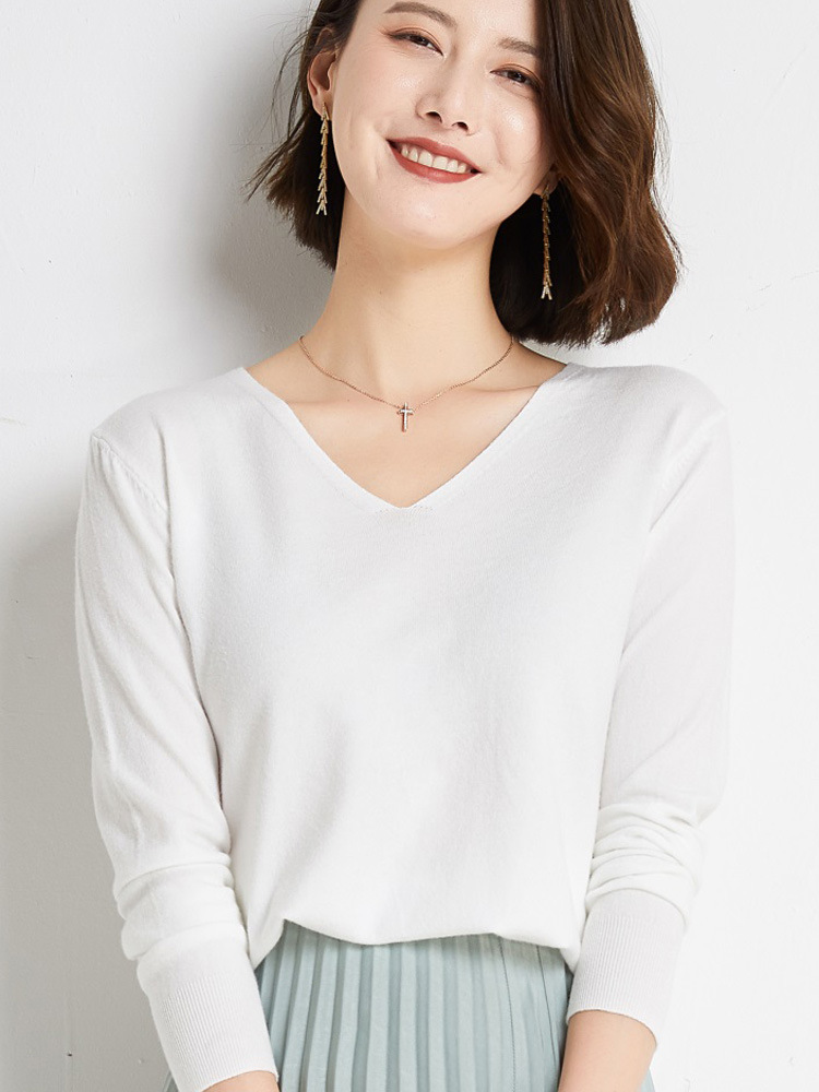 Otoño e Invierno nuevo estilo occidental con cuello en V color sólido manga larga suéter de fondo interior simple desgaste exterior suéter de cuello de pollo para mujeres