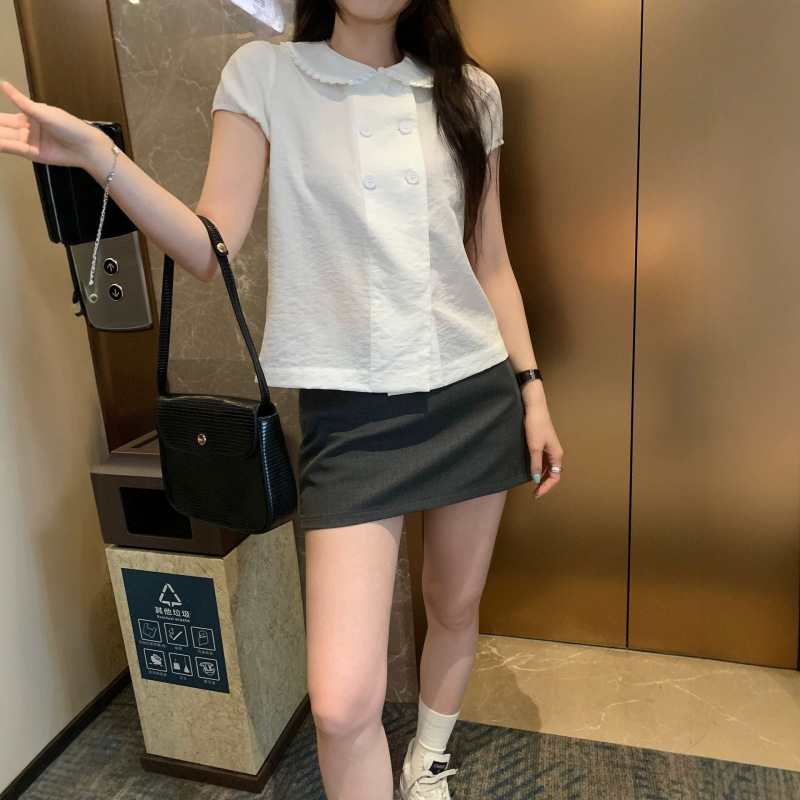 Cute and Stylish Doll Collar Puff Sleeve Shirt for Women, Summer 2026 New Chic Slim-Fit Elegant Cardigan Top