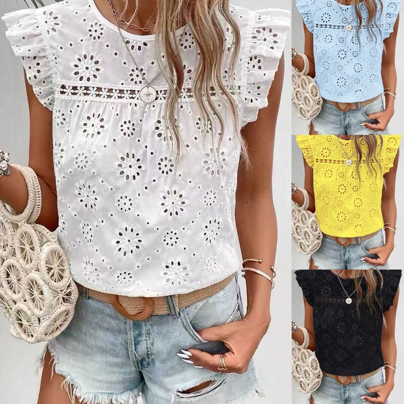 2026 Summer New Design Ruffled Sleeveless T-Shirt for Women, Fashionable Hollow-Out Pullover Top for Women 2026 Summer New Design Ruffled Sleeveless T-Shirt for Women, Fashionable Hollow-Out Pullover Top for Women