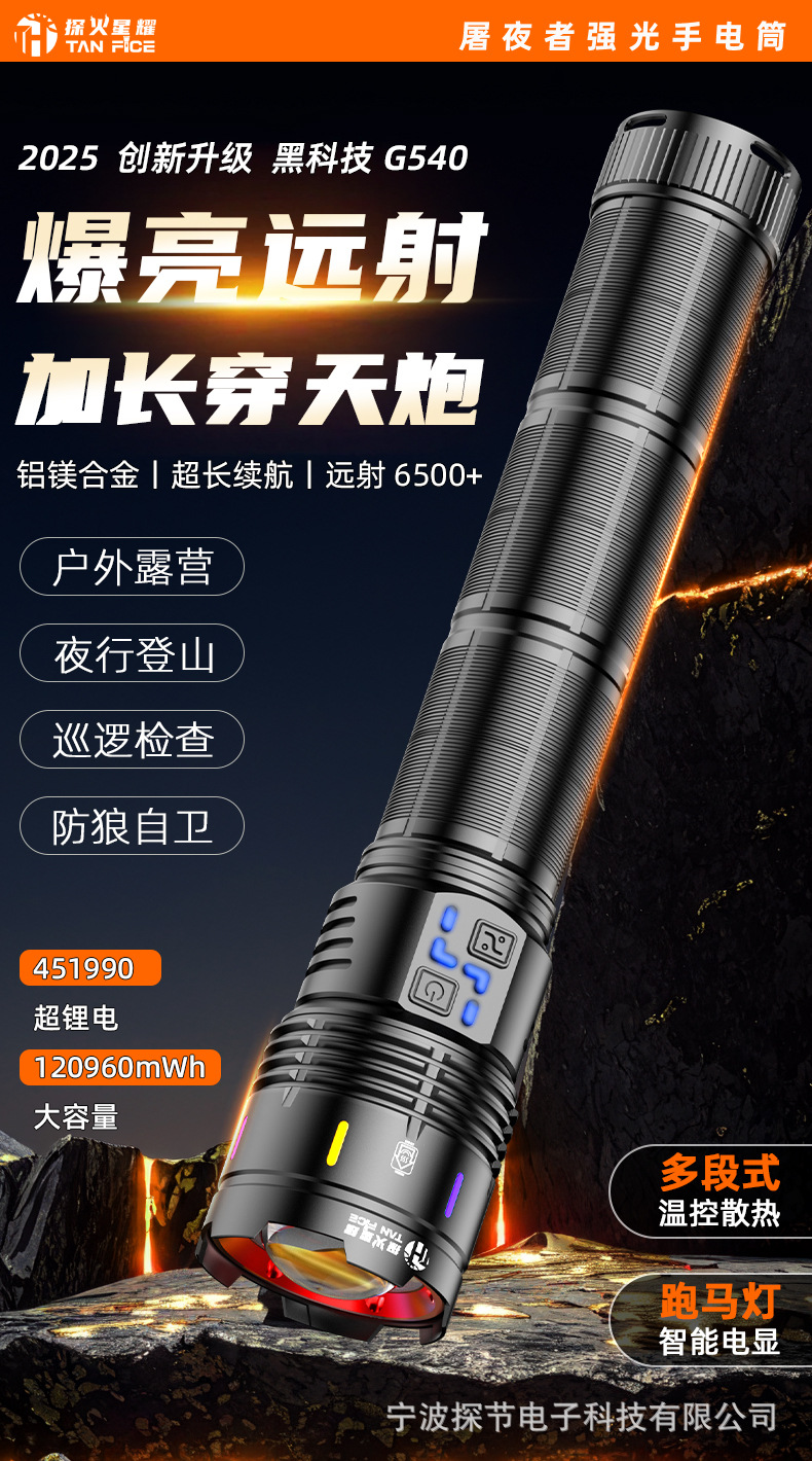 Kuaishou's Popular Aluminum Alloy Outdoor Tactical Flashlight, Strong Light, Ultra-Bright, Long-Lasting, Multi-Functional Emergency Flashlight, Cross-Border