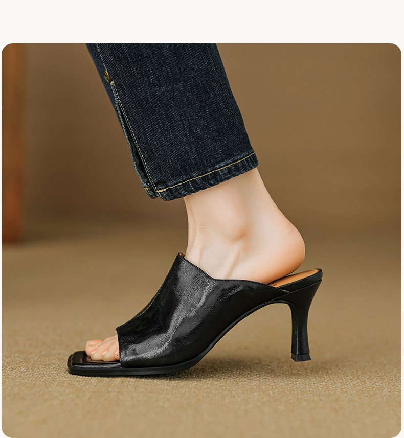 Sandal cao gót nữ hở mũi quai ngang da dê gót 7 cm kiểu Hàn Quốc — đen chi tiết 13