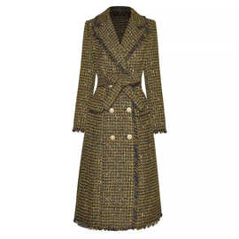 系带收腰双排扣口袋金色格子中长款设计感风衣大衣外套2024秋季新