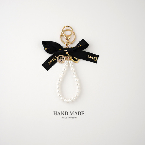 ins pearl string keychain ribbon bow pendant bag pendant handmade French car key chain