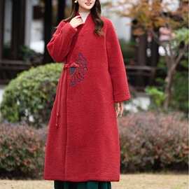 上衣新款盘扣毛呢民族风2023时尚外套冬季女刺绣国风宽松长款复古