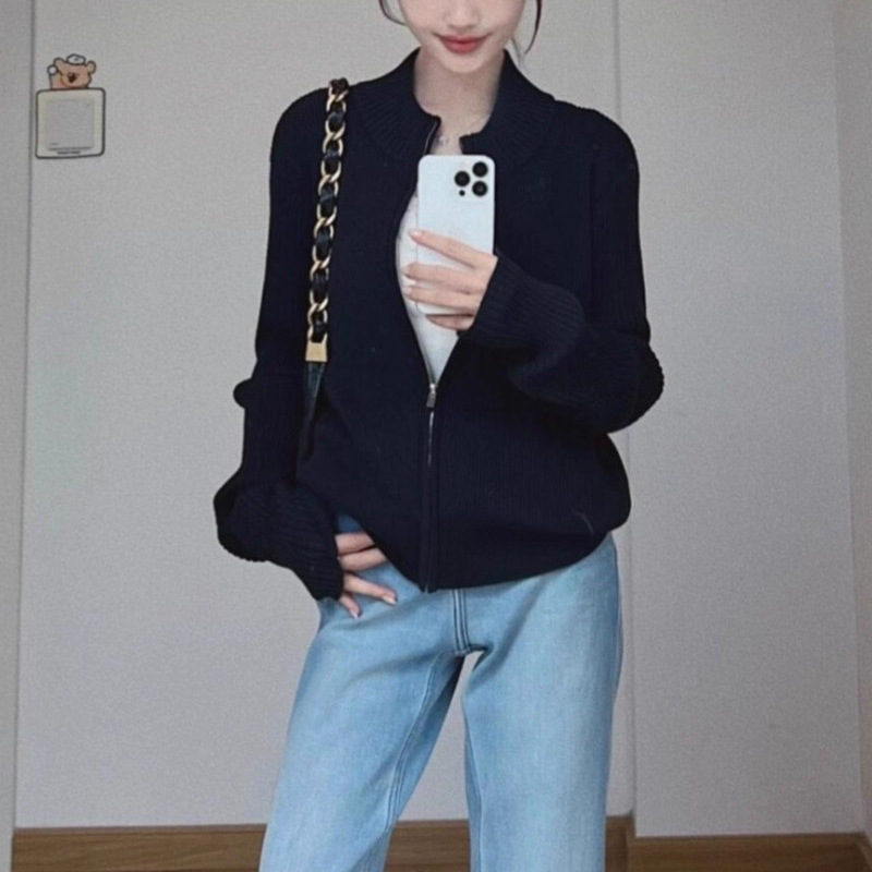 藏青色立领拉链针织开衫外套女秋冬穿搭外穿修身短款毛衣内搭上衣|undefined