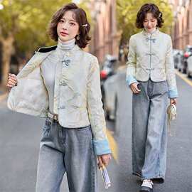 新中式轻薄羽绒服女短款年新款春白鸭绒时尚唐装提花外套
