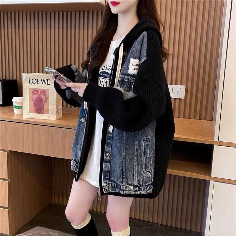 宽松慵懒风牛仔布拼接毛衣开衫女2025新款秋冬季韩版连帽针织外套|undefined