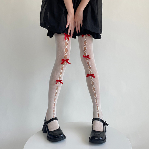 ins Japanese sweet girl plaid velvet handmade bow hollow hole fishnet stockings pantyhose white stockings