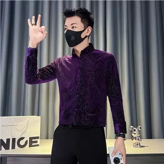 秋韩国绒烫银丝闪亮轻奢小香风高级感男士长袖衬衫休闲时尚潮男士