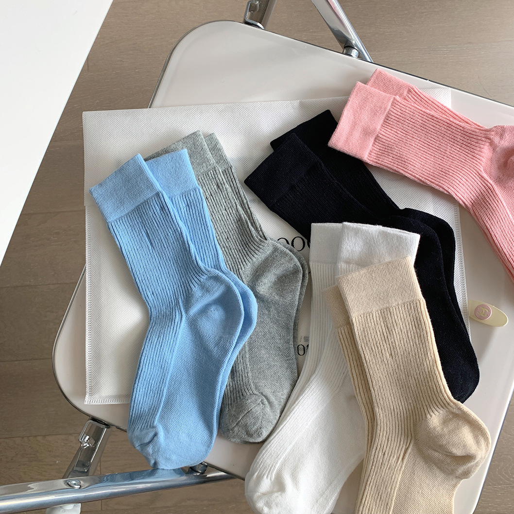純色豎條精梳棉堆堆襪女士中筒襪百搭休閒韓系ins簡約秋冬長筒襪