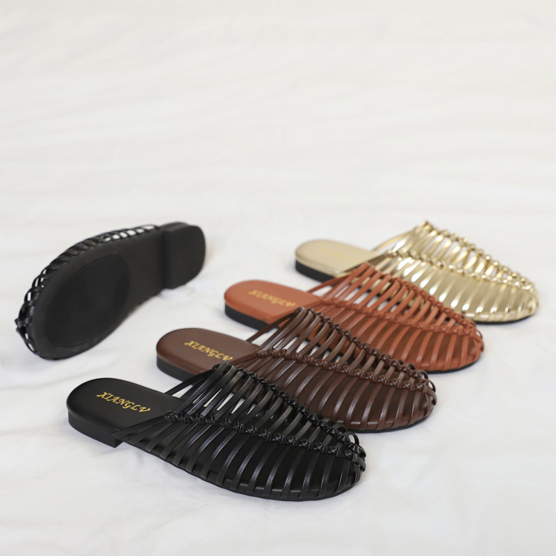 Hand-woven Open-toe Hollow Flat Mule Sandals For Summer Outdoor Wear, Lazy Slip-on Women's Shoes_vogvips.com