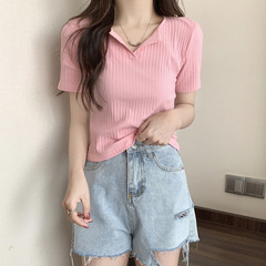 クロスボーダー実写2022夏純色vネック女性シンプル修身tシャツ女性半袖基礎金学院風シャツ