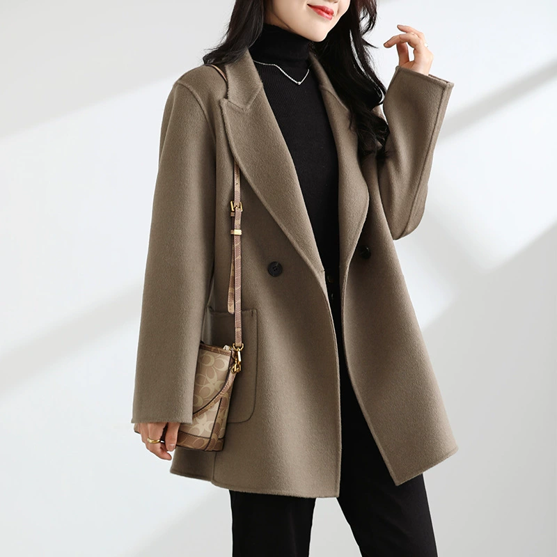 Осенне-зимнее Новое Элегантное двустороннее кашемировое пальто, женское короткое маленькое с карманом, 100 шерстяное пальто из чистой шерсти