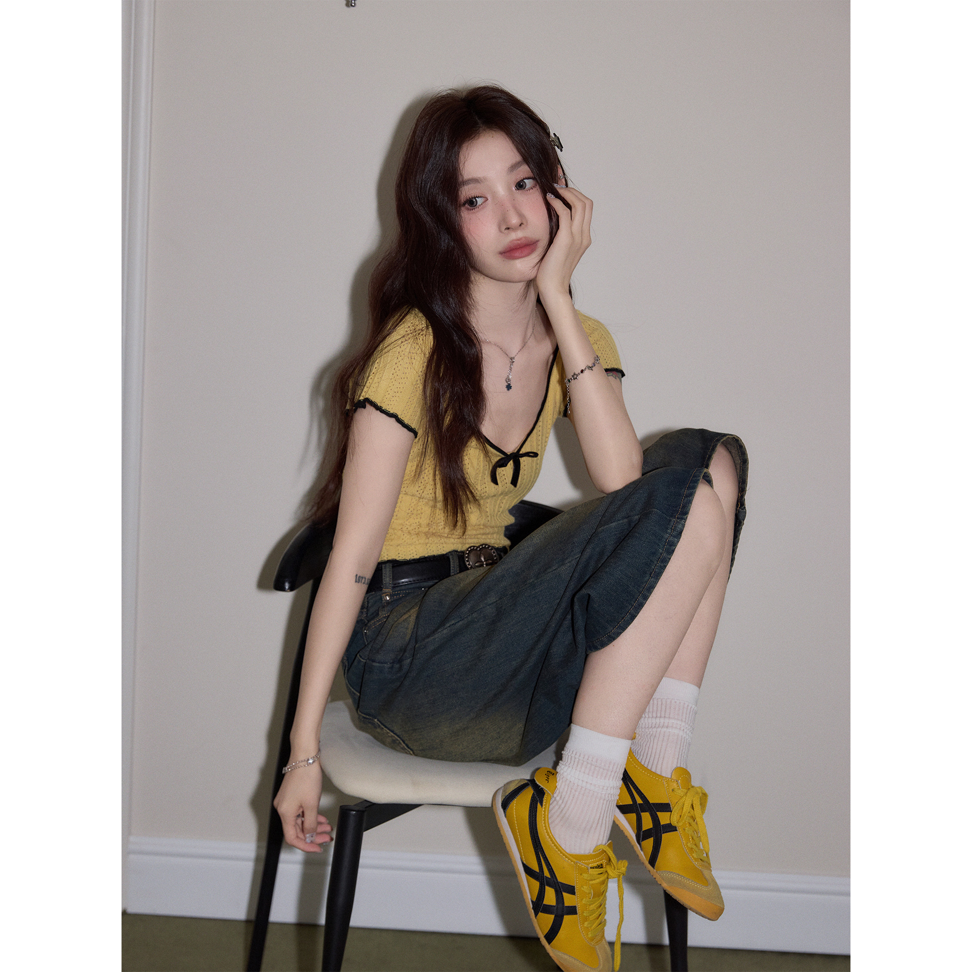 Trendy and Elegant Women's Slim-Fit Short-Sleeve Knit Top with a Large Neckline, Designed in Yellow