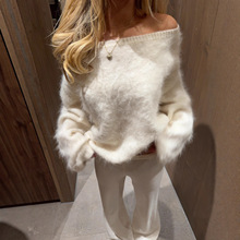 跨境2025秋冬女装纯色温柔软糯一字领露肩毛衣针织衫百搭上衣