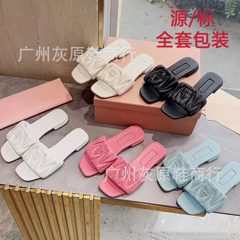 Miu Slippers Women's Summer Outer Wear Girl's Pleated Flat Heel Non-slip Vacation Sanya Square Head Sandals for Foreign Trade Women