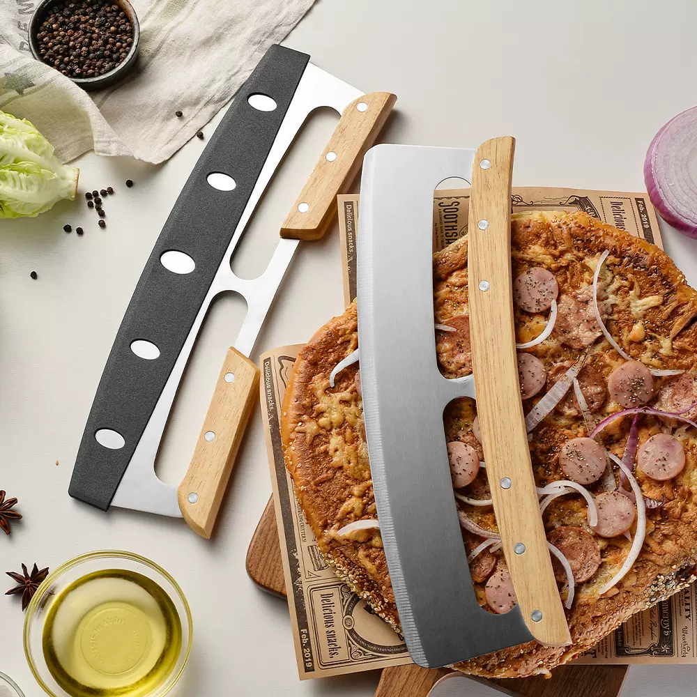 披萨切刀木柄弯刀不锈钢披萨切刀半圆削面刀烘焙工具披萨pizza切
