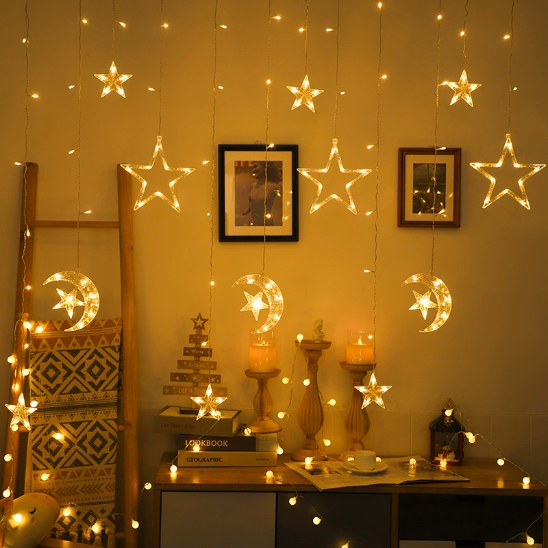 LED star and moon curtain lights, decorative string, warm white/color, USB/battery/110–220V options