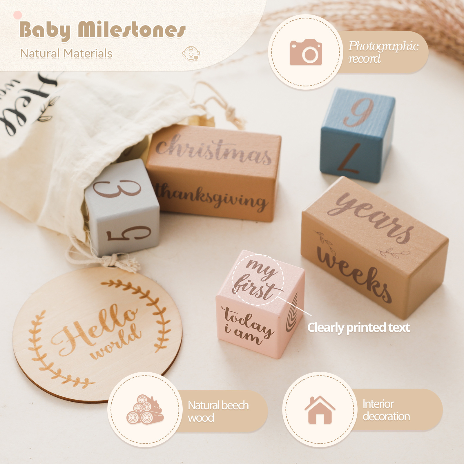 Nuevo hito para bebés transfronterizo, bloque de madera de haya, crecimiento de cumpleaños para niños, decoración fotográfica, hito de madera de haya de color