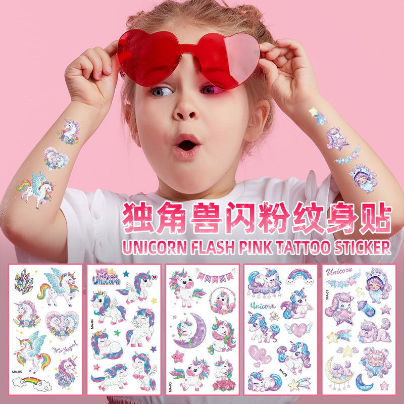 New Colorful Glitter Unicorn Tattoo Sticker Children's Cartoon Waterproof Fun Event Party Party Temporary Sticker