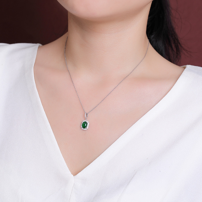 Mặt dây chuyền hình quả trứng bạc S925 đính ngọc bích xanh phong cách retro — Ngọc lục bảo xanh (không có dây chuyền)
