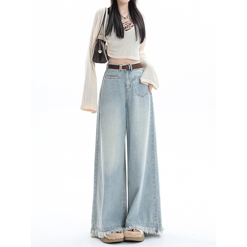 Raw Edge Wide Leg Jeans for Women Early Autumn New High Waist Loose Light Color Design Draped Floor Mopping Pants