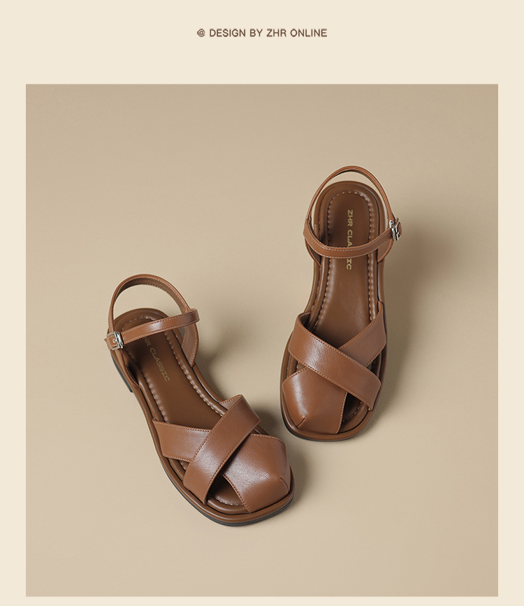 Sandal nữ quai ngang kiểu La Mã phong cách Pháp, mũi hở bán bít, đế bằng thoáng khí — KN38 màu be chi tiết 23