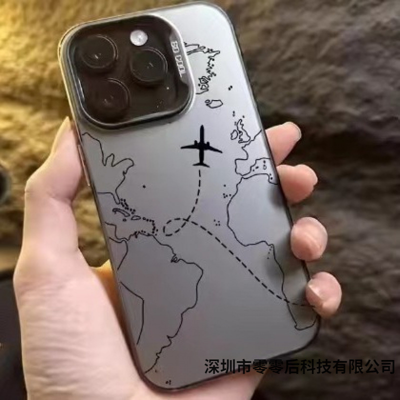 Cross-Border Trendy Brand Suitable for Apple 16Promax Color Silver Mobile Phone Case 15Pro Personalized Anti-Fall Aircraft Line Drawing 14