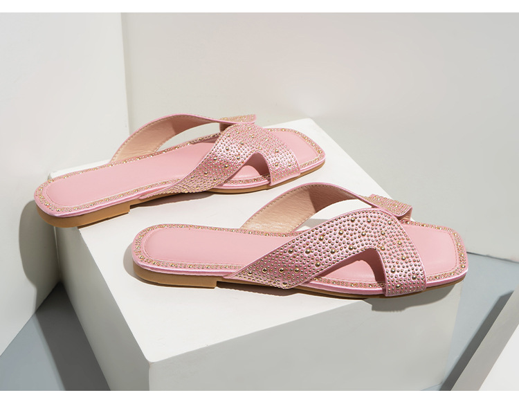 Fashion Ironing Diamond Flat Bottom Slippers Female Slides Square Head Hollow Sandals_voghion.com