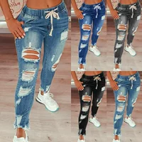 Трансграничные эксклюзные для 2022ebay Amazon AliExpress эластичная талия трос с отверстиями джинсы брюки женщины