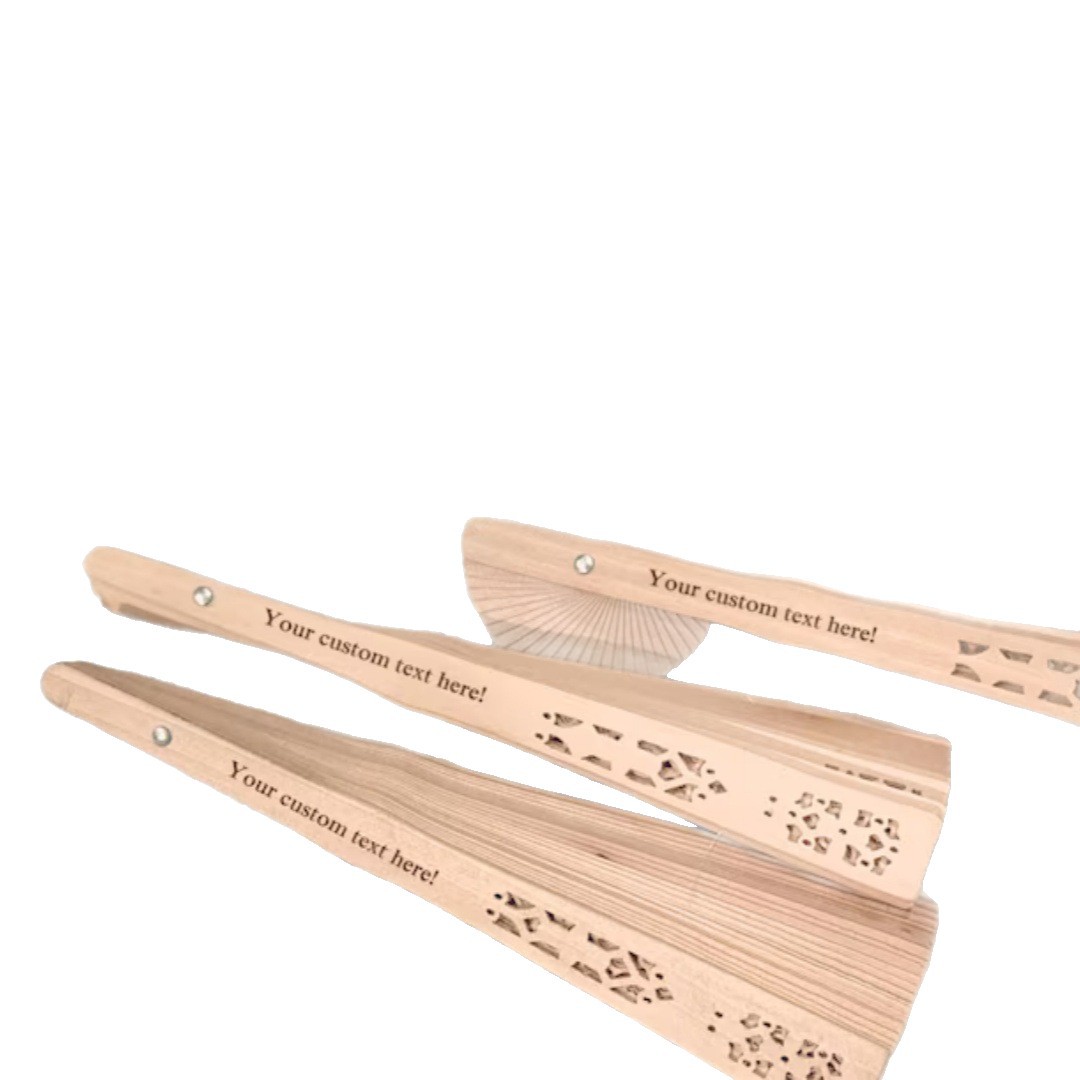 Personalización personalizada logotipo de texto ventilador de madera retro hueco diseño de regalo de negocios ventilador de promoción