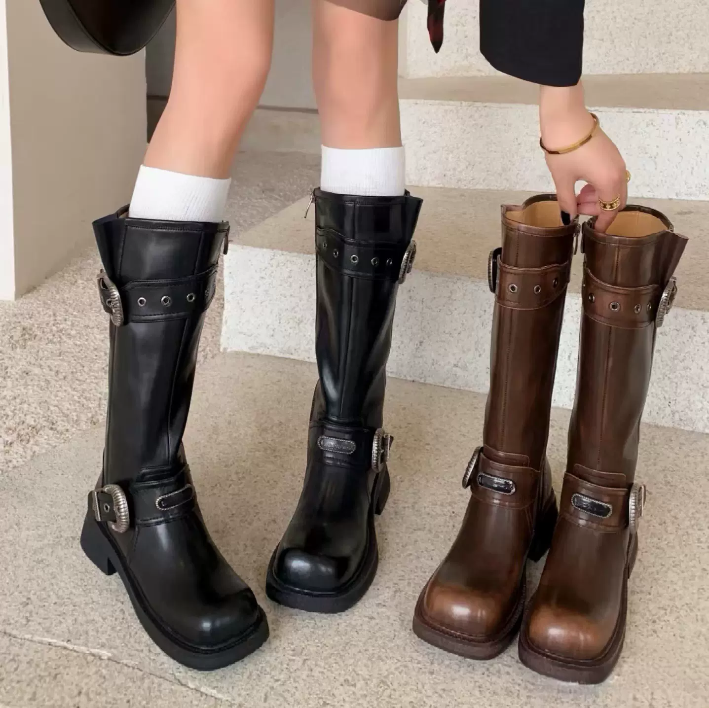 复古美拉德擦色西部牛仔靴女夏季新款高筒骑士靴真皮不过膝长筒靴