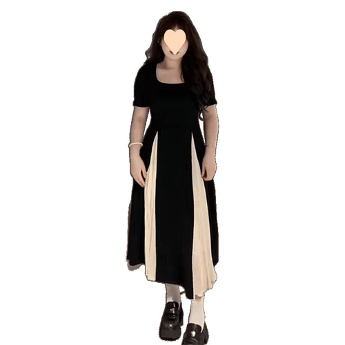 Slightly fat and large size summer new style temperament contrasting color design waist shoulder mesh splicing square collar dress