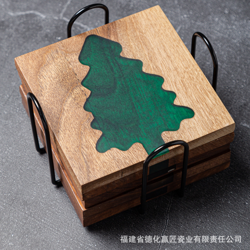 Resina transfronteriza almohadilla de taza de río piedra árbol de Navidad madera sólida empalme epoxi simple transparente almohadilla de taza de té cuadrada