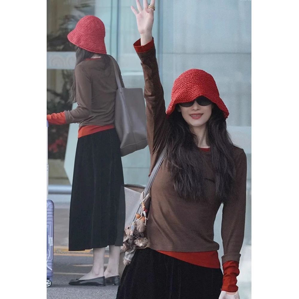 Asymmetrical Design Faux Two-Piece Base Shirt with Velvet Drawstring Umbrella Skirt Two-Piece Set 1122