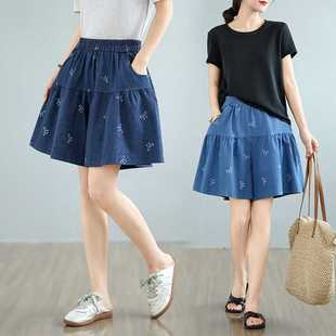Real Shot of Summer Plus-Size Loose Slimming Thin Elastic Waist Denim Shorts for Women, Wide-Leg Pants, Artistic Versatile Knee-Length Shorts