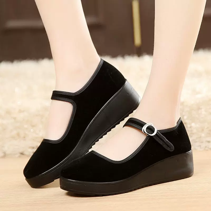 老北布鞋女工作鞋一字带酒店平底妈妈鞋黑色软底鞋广场舞鞋