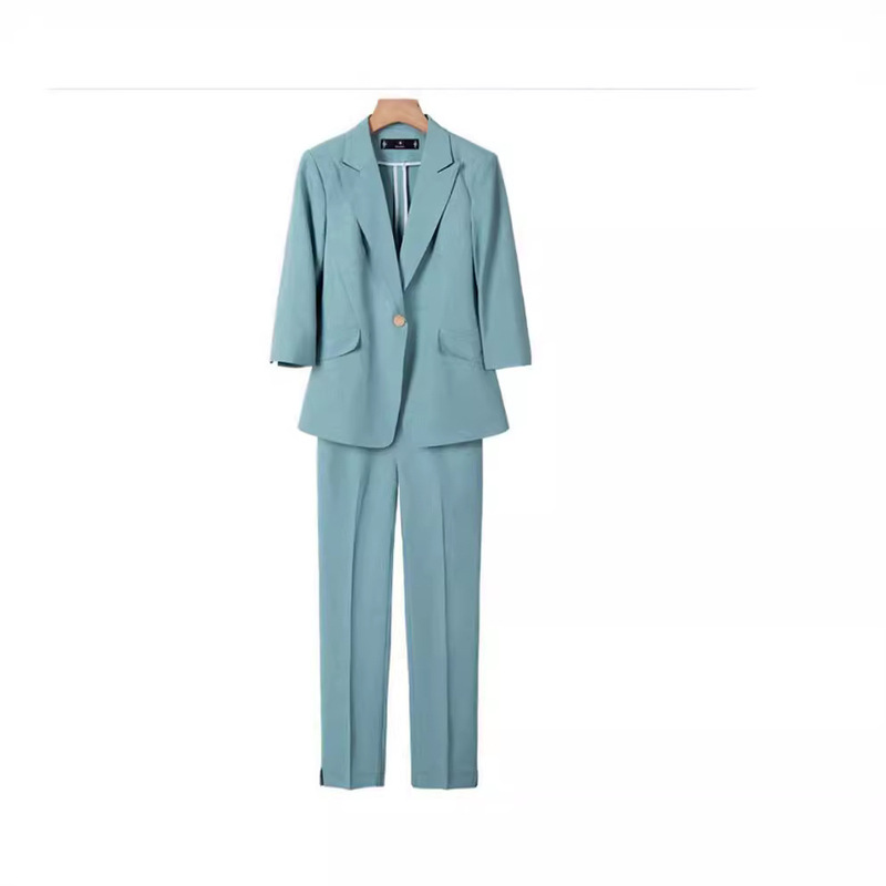 Cross-Border Spring and Autumn New Gray Three-Quarter Sleeve Small Suit Collar Jacket Women's Pants Two-Piece Suit Fashionable and Slim